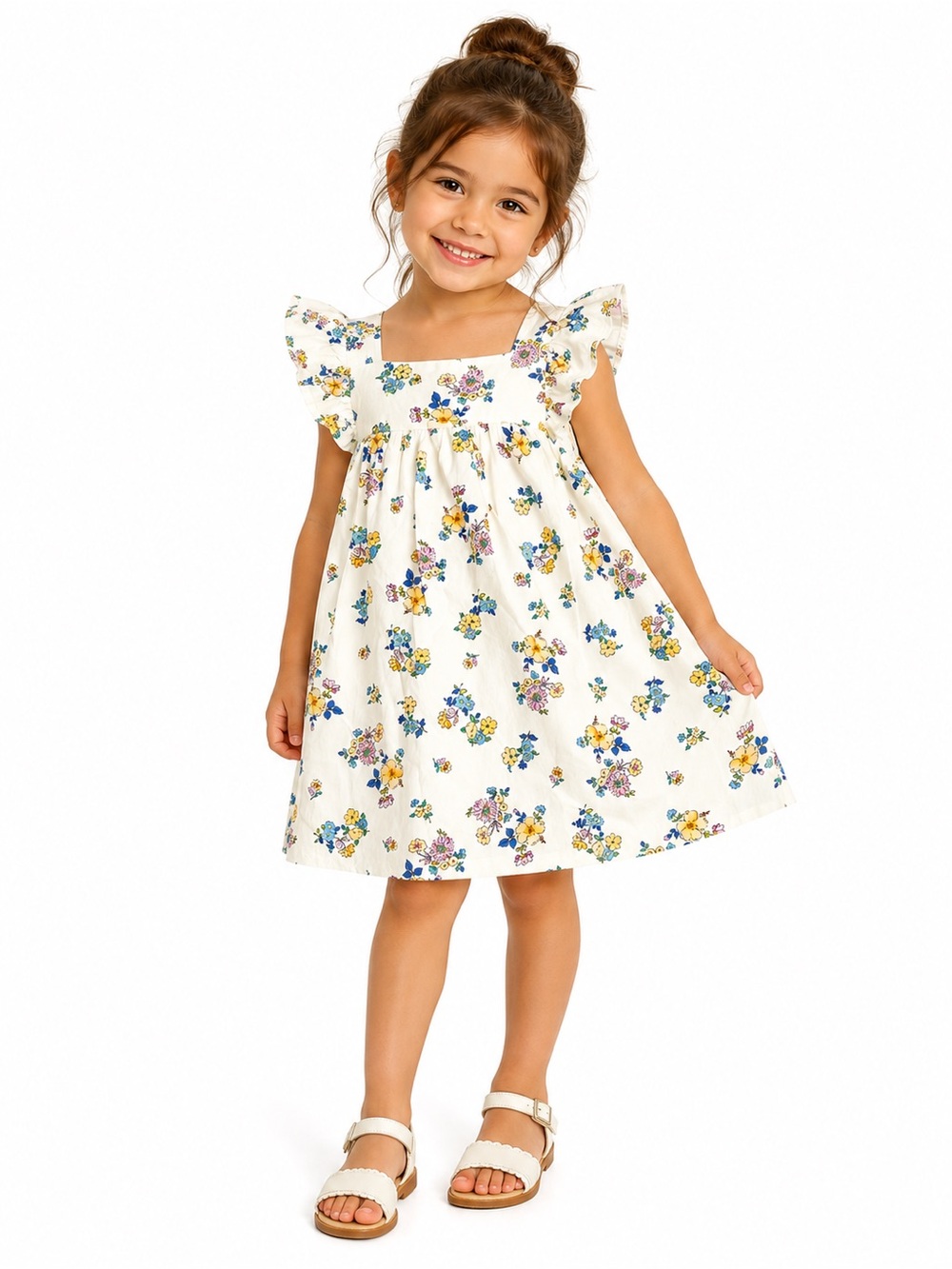Zara Girls' White Floral Flutter-Sleeve Dress